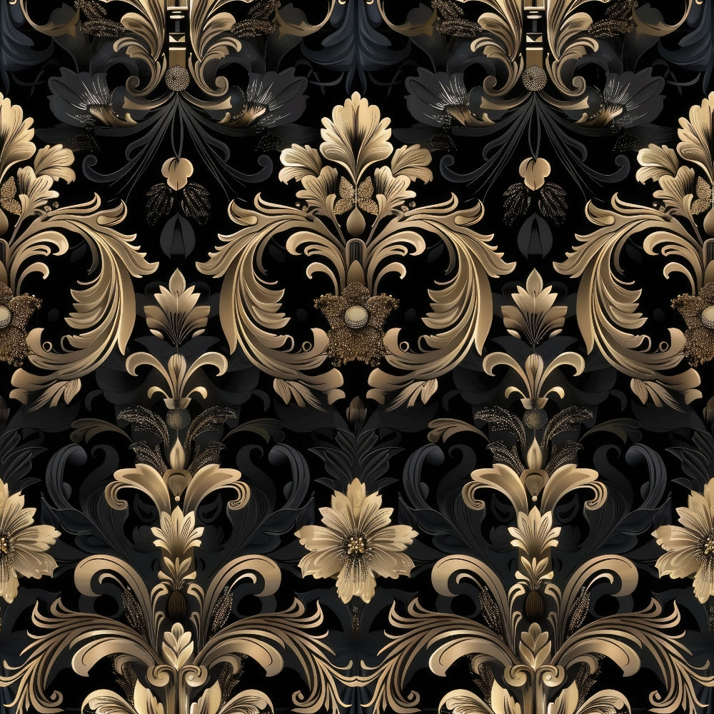 black background, gold ornamental, bronze scrollwork, damask pattern, baroque style, ornate florals, gothic design, decorative swirls, metallic accents, repeating motif, luxurious pattern, vintage elegance, acanthus leaves, formal design,, fabric panel, sophisticated print, dramatic contrast, ornamental flourishes, rich textures