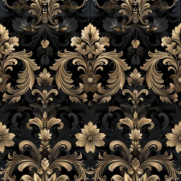 black background, gold ornamental, bronze scrollwork, damask pattern, baroque style, ornate florals, gothic design, decorative swirls, metallic accents, repeating motif, luxurious pattern, vintage elegance, acanthus leaves, formal design,, fabric panel, sophisticated print, dramatic contrast, ornamental flourishes, rich textures