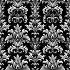 black, white, damask pattern, gothic style, ornate florals, baroque motifs, decorative scrollwork, high contrast, monochrome, elegant design, repeating pattern,, fabric panel, intricate details, luxurious appearance, formal pattern, victorian inspired, sophisticated motifs, dramatic styling