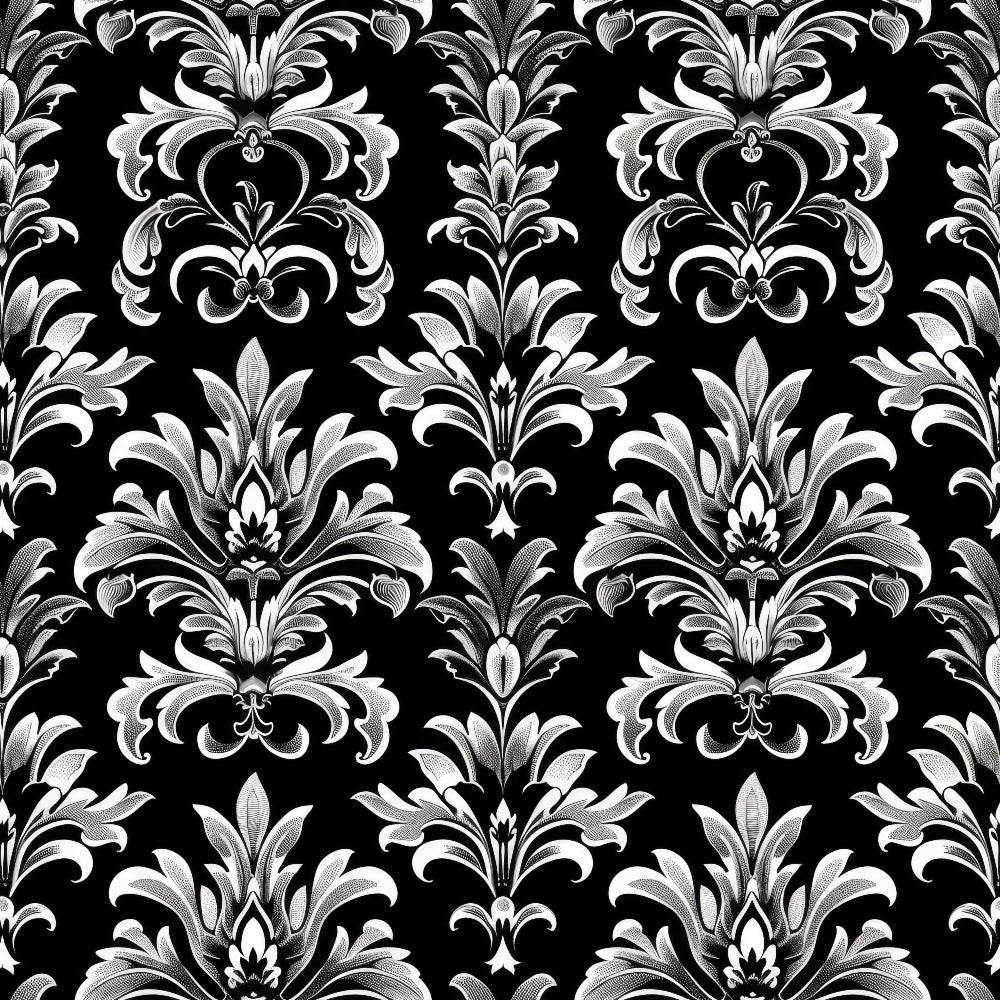 black, white, damask pattern, gothic style, ornate florals, baroque motifs, decorative scrollwork, high contrast, monochrome, elegant design, repeating pattern,, fabric panel, intricate details, luxurious appearance, formal pattern, victorian inspired, sophisticated motifs, dramatic styling