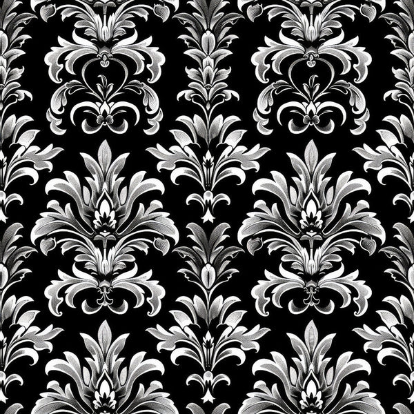 black, white, damask pattern, gothic style, ornate florals, baroque motifs, decorative scrollwork, high contrast, monochrome, elegant design, repeating pattern,, fabric panel, intricate details, luxurious appearance, formal pattern, victorian inspired, sophisticated motifs, dramatic styling