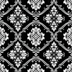 black, white, damask, ornate scrollwork, floral motifs, baroque style, gothic pattern, decorative swirls, elegant flourishes,, fabric panel, intricate details, symmetrical design, vintage inspired, dramatic contrast, botanical elements, ornamental pattern, high contrast, monochrome, repeating motif