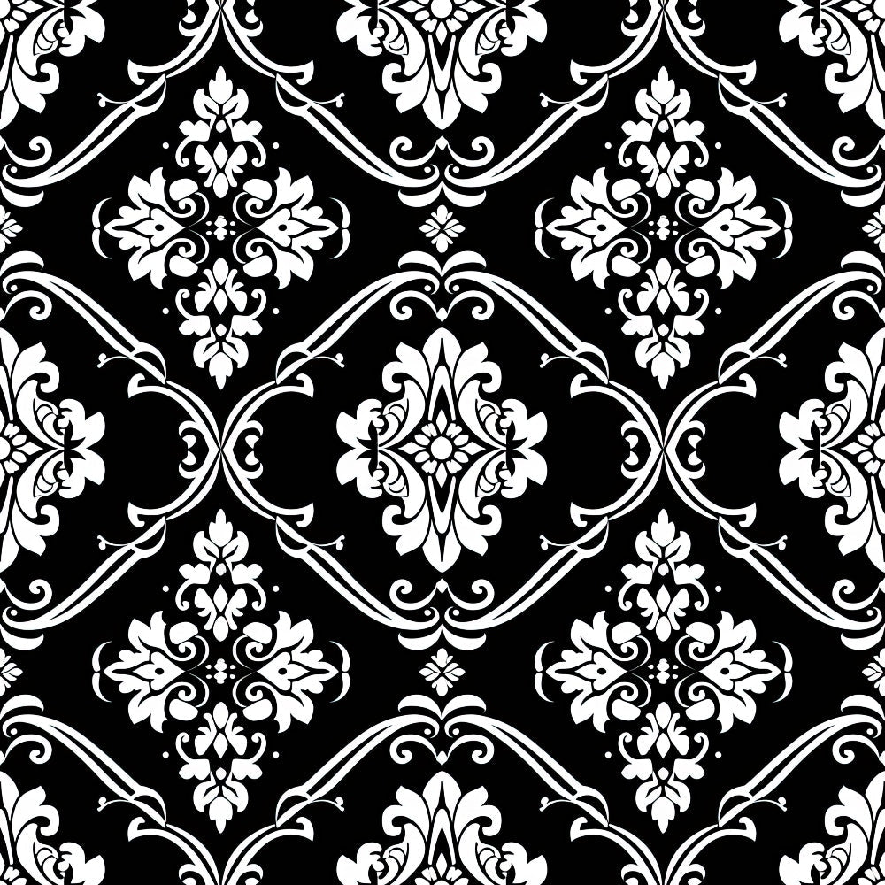 black, white, damask, ornate scrollwork, floral motifs, baroque style, gothic pattern, decorative swirls, elegant flourishes,, fabric panel, intricate details, symmetrical design, vintage inspired, dramatic contrast, botanical elements, ornamental pattern, high contrast, monochrome, repeating motif