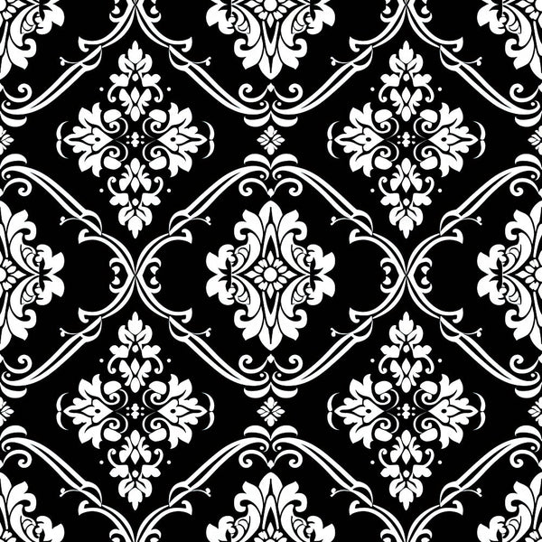 black, white, damask, ornate scrollwork, floral motifs, baroque style, gothic pattern, decorative swirls, elegant flourishes,, fabric panel, intricate details, symmetrical design, vintage inspired, dramatic contrast, botanical elements, ornamental pattern, high contrast, monochrome, repeating motif