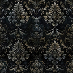 black background, charcoal gray, metallic silver, bronze accents, damask pattern, ornate florals, baroque motifs, scrollwork, acanthus leaves, gothic style, dramatic design, elegant swirls, vintage ornaments, decorative elements,, fabric panel, dark aesthetic, luxurious texture, formal pattern, intricate details