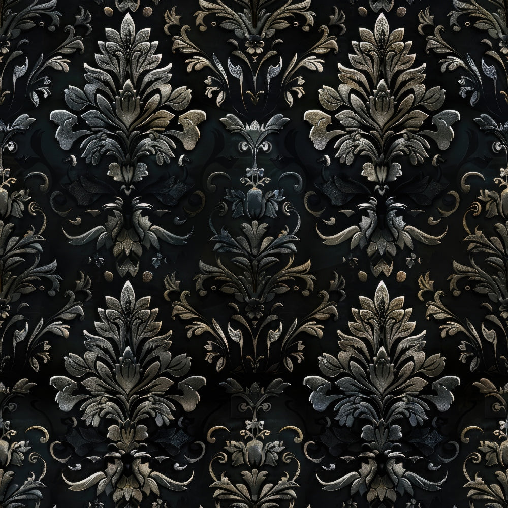 black background, charcoal gray, metallic silver, bronze accents, damask pattern, ornate florals, baroque motifs, scrollwork, acanthus leaves, gothic style, dramatic design, elegant swirls, vintage ornaments, decorative elements,, fabric panel, dark aesthetic, luxurious texture, formal pattern, intricate details