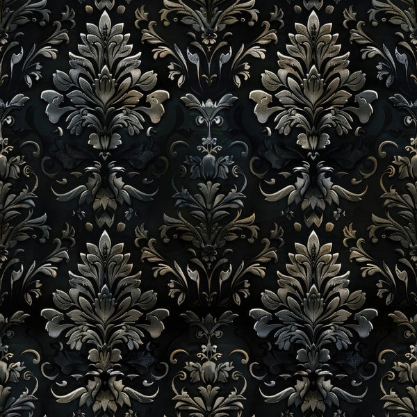 black background, charcoal gray, metallic silver, bronze accents, damask pattern, ornate florals, baroque motifs, scrollwork, acanthus leaves, gothic style, dramatic design, elegant swirls, vintage ornaments, decorative elements,, fabric panel, dark aesthetic, luxurious texture, formal pattern, intricate details