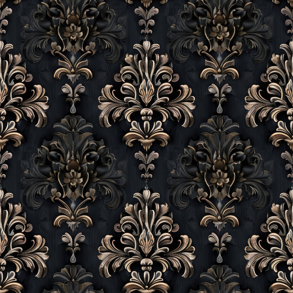 gothic damask, black background, bronze accents, copper tones, metallic sheen, ornate scrollwork, baroque flourishes, floral motifs, symmetrical pattern, vintage elegance,, fabric panel, dark romance, decorative swirls, antique finish, rich texture, moody atmosphere, intricate details, damask weave
