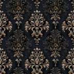 gothic damask, black background, bronze accents, copper tones, metallic sheen, ornate scrollwork, baroque flourishes, floral motifs, symmetrical pattern, vintage elegance,, fabric panel, dark romance, decorative swirls, antique finish, rich texture, moody atmosphere, intricate details, damask weave