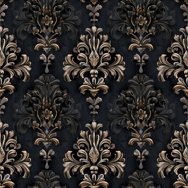 gothic damask, black background, bronze accents, copper tones, metallic sheen, ornate scrollwork, baroque flourishes, floral motifs, symmetrical pattern, vintage elegance,, fabric panel, dark romance, decorative swirls, antique finish, rich texture, moody atmosphere, intricate details, damask weave