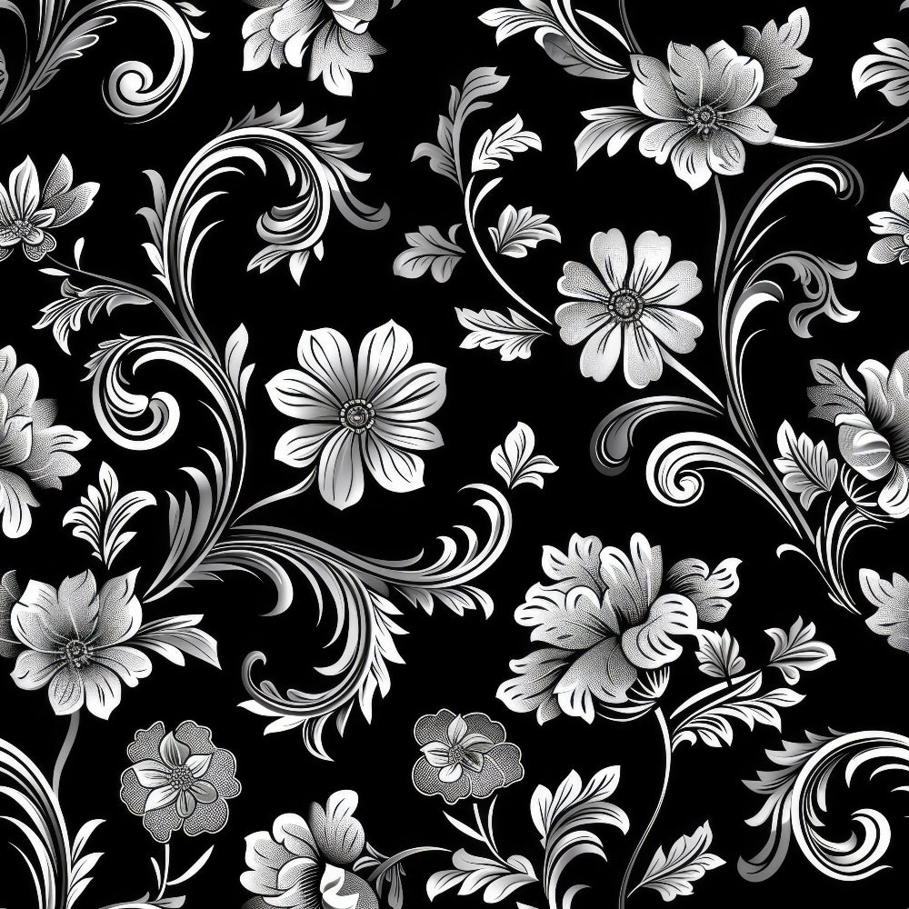 black background, white flowers, silver accents, damask pattern, floral scrollwork, ornate swirls, gothic style, monochrome design, botanical motifs, decorative flourishes,, fabric panel, elegant pattern, victorian inspired, intricate details, flowing vines, ornamental design
