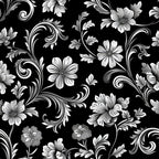 black background, white flowers, silver accents, damask pattern, floral scrollwork, ornate swirls, gothic style, monochrome design, botanical motifs, decorative flourishes,, fabric panel, elegant pattern, victorian inspired, intricate details, flowing vines, ornamental design