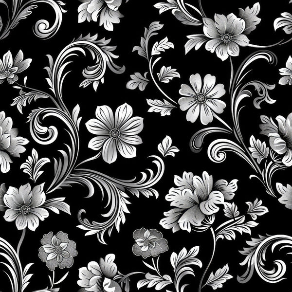 black background, white flowers, silver accents, damask pattern, floral scrollwork, ornate swirls, gothic style, monochrome design, botanical motifs, decorative flourishes,, fabric panel, elegant pattern, victorian inspired, intricate details, flowing vines, ornamental design