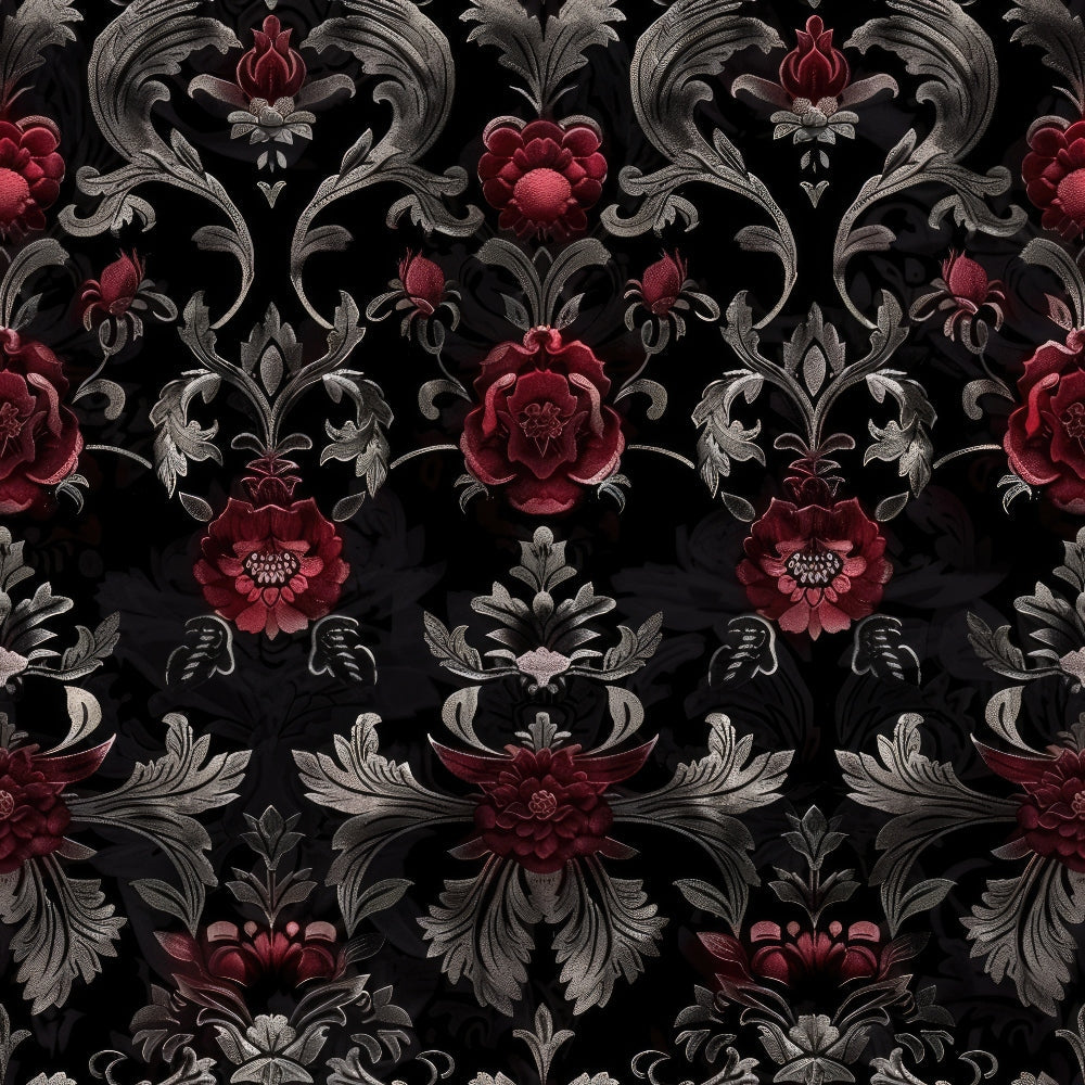 gothic damask, burgundy red, charcoal black, silver gray, ornate florals, baroque scrollwork, decorative motifs, vintage roses, elaborate swirls, dark romantic, moody elegance,, fabric panel, victorian inspired, intricate embellishments, floral damask, ornamental design, rich jewel tones, sophisticated pattern, decorative flourishes