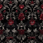 gothic damask, burgundy red, charcoal black, silver gray, ornate florals, baroque scrollwork, decorative motifs, vintage roses, elaborate swirls, dark romantic, moody elegance,, fabric panel, victorian inspired, intricate embellishments, floral damask, ornamental design, rich jewel tones, sophisticated pattern, decorative flourishes