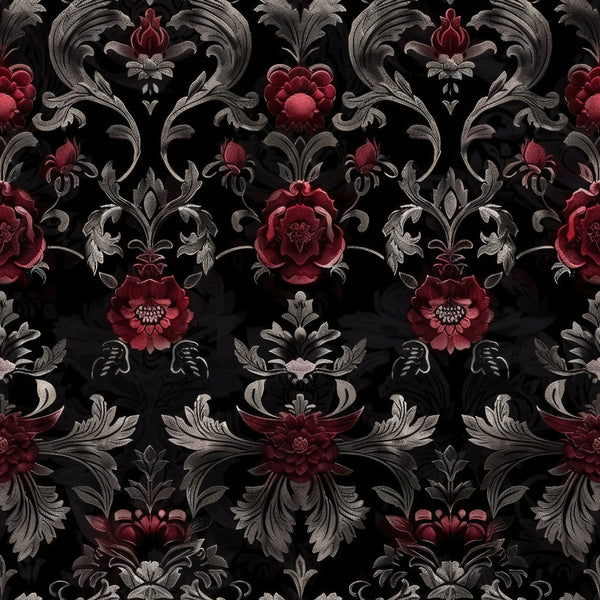 gothic damask, burgundy red, charcoal black, silver gray, ornate florals, baroque scrollwork, decorative motifs, vintage roses, elaborate swirls, dark romantic, moody elegance,, fabric panel, victorian inspired, intricate embellishments, floral damask, ornamental design, rich jewel tones, sophisticated pattern, decorative flourishes