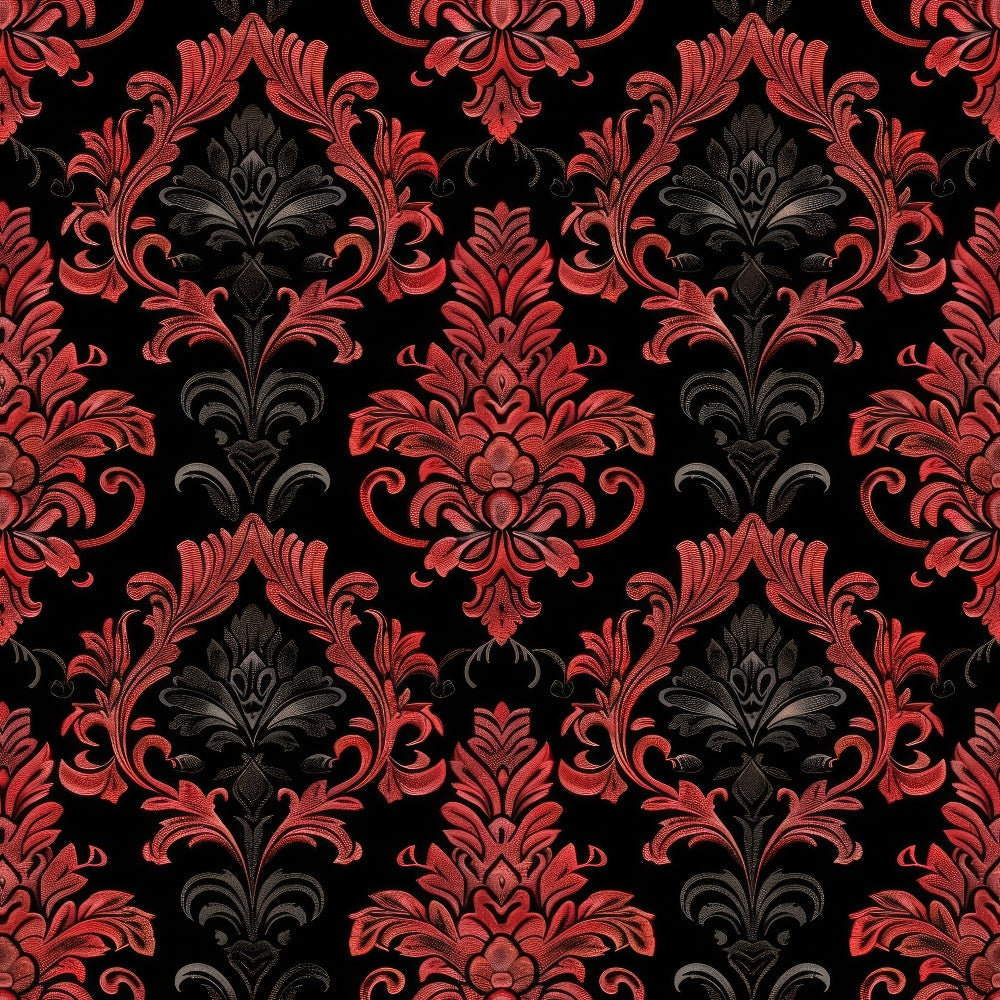 red, black, charcoal gray, damask pattern, ornate scrollwork, floral motifs, baroque design, gothic style, repeating pattern, intricate details, decorative flourishes, acanthus leaves, symmetrical design, elegant curves,, fabric panel, dramatic contrast, luxurious appearance, victorian inspired, formal pattern