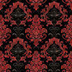 red, black, charcoal gray, damask pattern, ornate scrollwork, floral motifs, baroque design, gothic style, repeating pattern, intricate details, decorative flourishes, acanthus leaves, symmetrical design, elegant curves,, fabric panel, dramatic contrast, luxurious appearance, victorian inspired, formal pattern