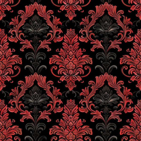 red, black, charcoal gray, damask pattern, ornate scrollwork, floral motifs, baroque design, gothic style, repeating pattern, intricate details, decorative flourishes, acanthus leaves, symmetrical design, elegant curves,, fabric panel, dramatic contrast, luxurious appearance, victorian inspired, formal pattern