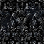 black, charcoal gray, silver, gothic damask, ornate scrollwork, baroque flourishes, floral motifs, decorative swirls, elegant curves, dark romantic, moody atmosphere,, fabric panel, intricate detailing, victorian inspired, dramatic contrast, luxurious pattern, shadowy tones