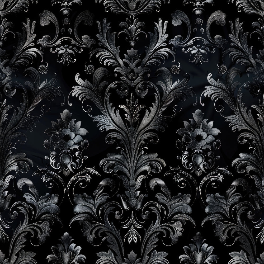 black, charcoal gray, silver, gothic damask, ornate scrollwork, baroque flourishes, floral motifs, decorative swirls, elegant curves, dark romantic, moody atmosphere,, fabric panel, intricate detailing, victorian inspired, dramatic contrast, luxurious pattern, shadowy tones