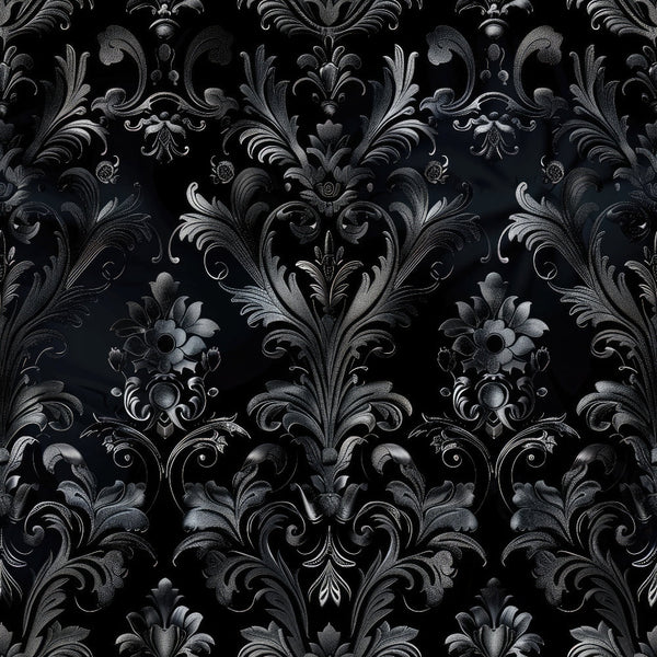 black, charcoal gray, silver, gothic damask, ornate scrollwork, baroque flourishes, floral motifs, decorative swirls, elegant curves, dark romantic, moody atmosphere,, fabric panel, intricate detailing, victorian inspired, dramatic contrast, luxurious pattern, shadowy tones