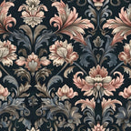 dark navy background, coral pink florals, damask pattern, ornate scrollwork, baroque style, decorative motifs, elegant swirls, vintage design,, fabric panel, sophisticated palette, floral damask, intricate details, ornamental leaves, gothic revival, luxurious pattern, textile design, romantic florals