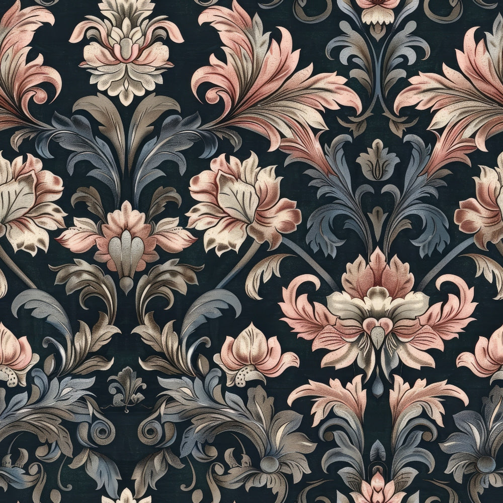 dark navy background, coral pink florals, damask pattern, ornate scrollwork, baroque style, decorative motifs, elegant swirls, vintage design,, fabric panel, sophisticated palette, floral damask, intricate details, ornamental leaves, gothic revival, luxurious pattern, textile design, romantic florals