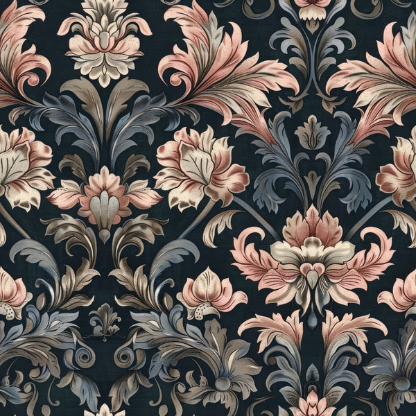 dark navy background, coral pink florals, damask pattern, ornate scrollwork, baroque style, decorative motifs, elegant swirls, vintage design,, fabric panel, sophisticated palette, floral damask, intricate details, ornamental leaves, gothic revival, luxurious pattern, textile design, romantic florals
