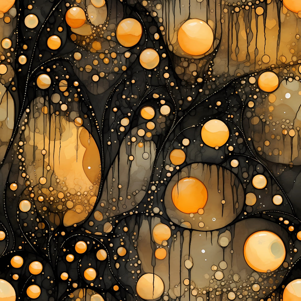 orange, amber, black, brown, gold, abstract circles, bubbles, dripping effect, flowing lines, organic shapes, gothic atmosphere, halloween theme, mysterious mood, dark aesthetic,, fabric panel, autumn colors, spooky design, modern art style, geometric elements