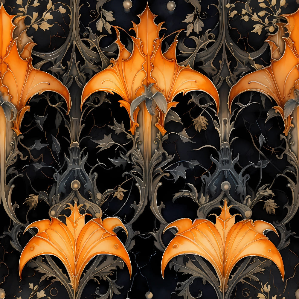 orange, black, gothic, halloween, fleur-de-lis, ornate scrollwork, baroque pattern, damask design, autumn colors, decorative flourishes, vintage motif,, fabric panel, dark background, ornamental, seasonal, spooky elegance, metallic accents, repeating pattern, victorian style