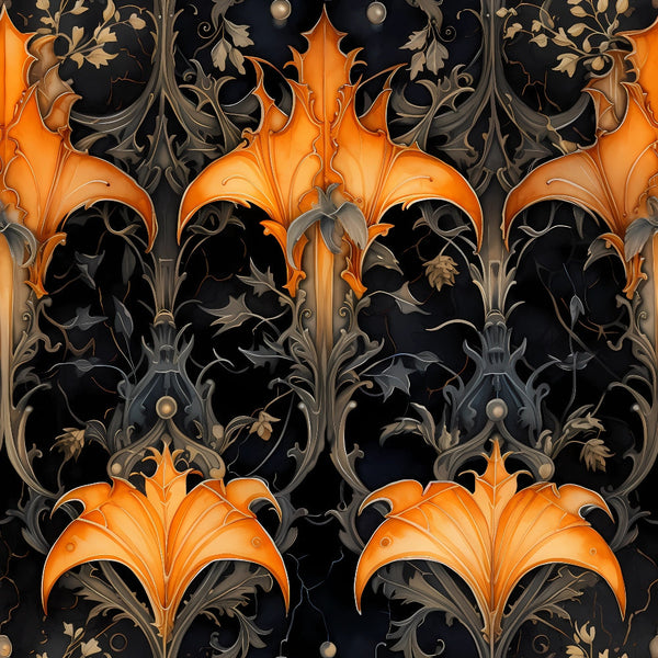 orange, black, gothic, halloween, fleur-de-lis, ornate scrollwork, baroque pattern, damask design, autumn colors, decorative flourishes, vintage motif,, fabric panel, dark background, ornamental, seasonal, spooky elegance, metallic accents, repeating pattern, victorian style