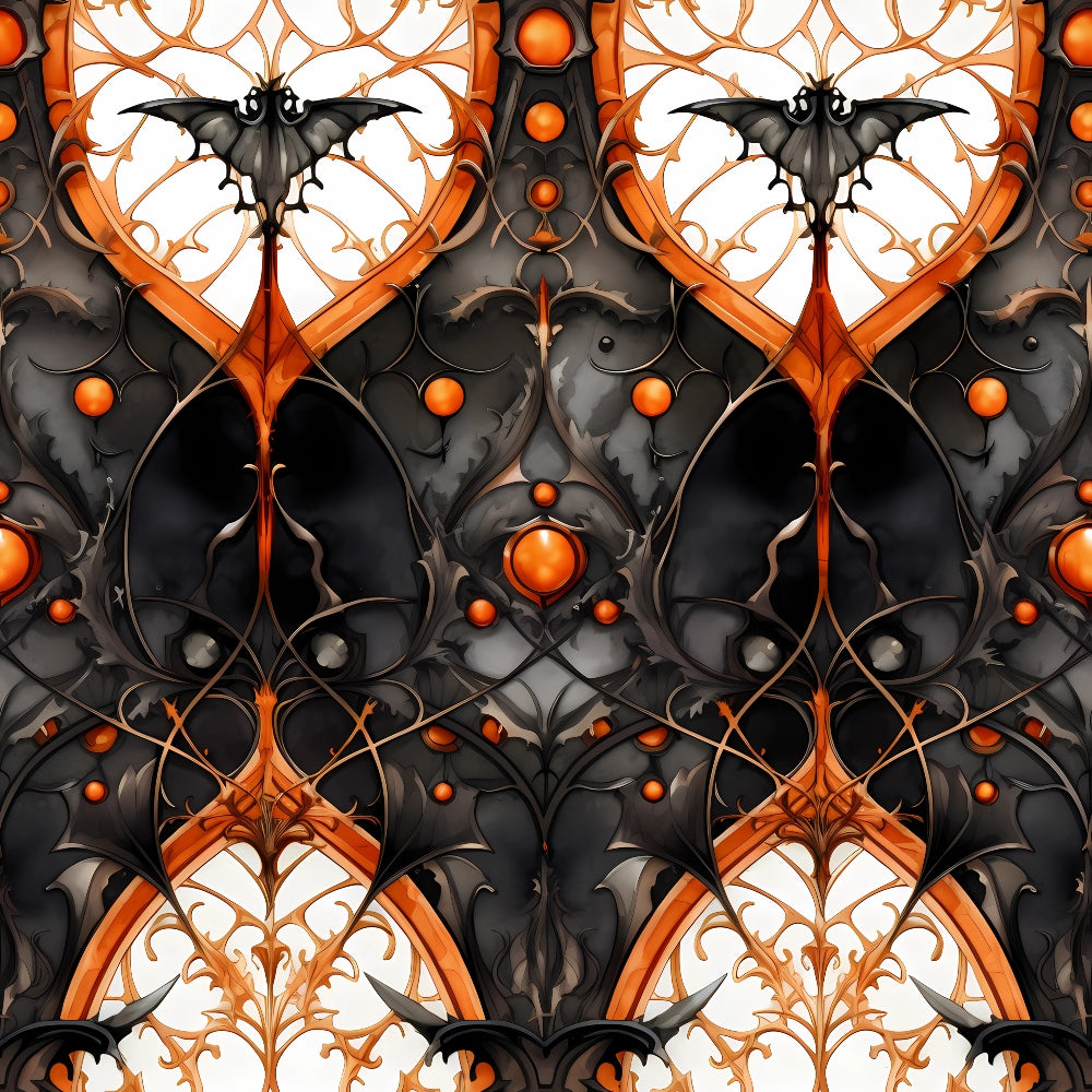 gothic halloween, black bats, orange accents, symmetrical pattern, ornate scrollwork, dark fantasy, spooky motifs,, fabric panel, halloween themed, gothic architecture, decorative elements, orange spheres, intricate details, mirror image, seasonal fabric, craft material, gothic style, halloween decor, ornamental design