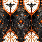 gothic halloween, black bats, orange accents, symmetrical pattern, ornate scrollwork, dark fantasy, spooky motifs,, fabric panel, halloween themed, gothic architecture, decorative elements, orange spheres, intricate details, mirror image, seasonal fabric, craft material, gothic style, halloween decor, ornamental design