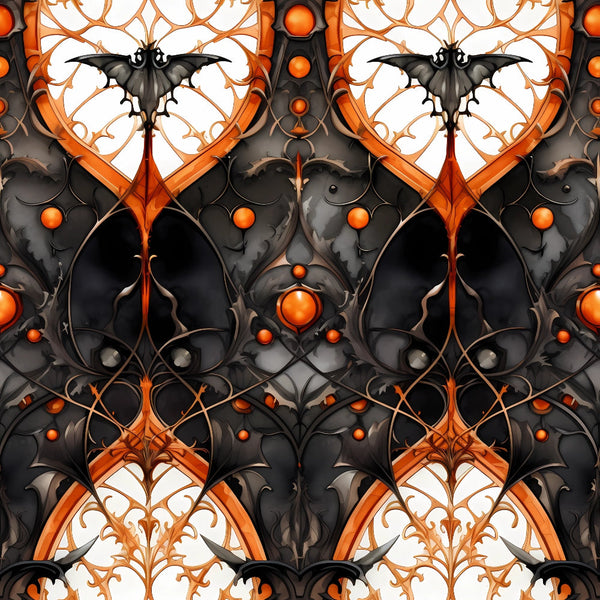 gothic halloween, black bats, orange accents, symmetrical pattern, ornate scrollwork, dark fantasy, spooky motifs,, fabric panel, halloween themed, gothic architecture, decorative elements, orange spheres, intricate details, mirror image, seasonal fabric, craft material, gothic style, halloween decor, ornamental design