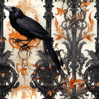 black raven, gothic ironwork, orange flames, autumn leaves, wrought iron fence, dark bird, halloween themed,, fabric panel, ornate metalwork, seasonal design, spooky atmosphere, corvid perched, decorative scrollwork, fall colors, gothic architecture, orange accents, intricate patterns, dramatic contrast, moody illustration