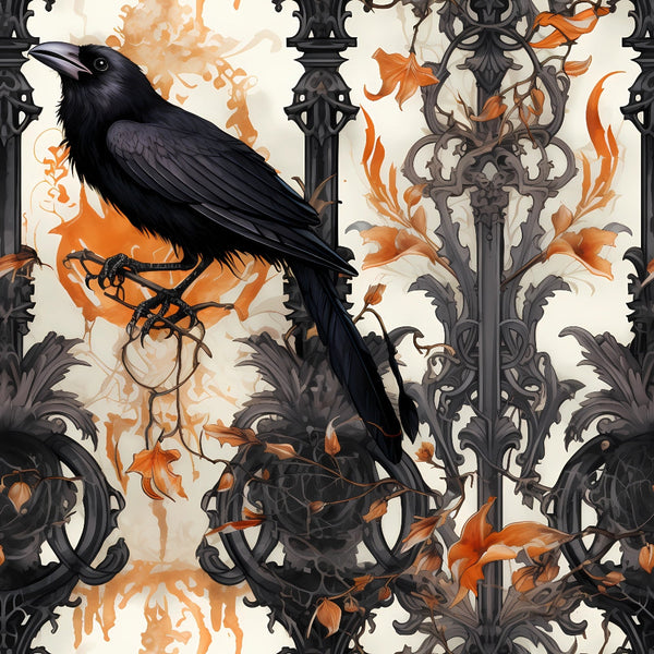 black raven, gothic ironwork, orange flames, autumn leaves, wrought iron fence, dark bird, halloween themed,, fabric panel, ornate metalwork, seasonal design, spooky atmosphere, corvid perched, decorative scrollwork, fall colors, gothic architecture, orange accents, intricate patterns, dramatic contrast, moody illustration