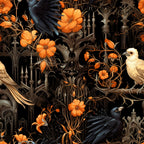 gothic halloween, orange flowers, black ravens, cream birds, ornate ironwork, victorian architecture, floral vines, dark background,, fabric panel, autumn colors, spooky birds, decorative metalwork, botanical elements, halloween theme, orange blossoms, corvids, gothic arches, seasonal fabric, cotton material