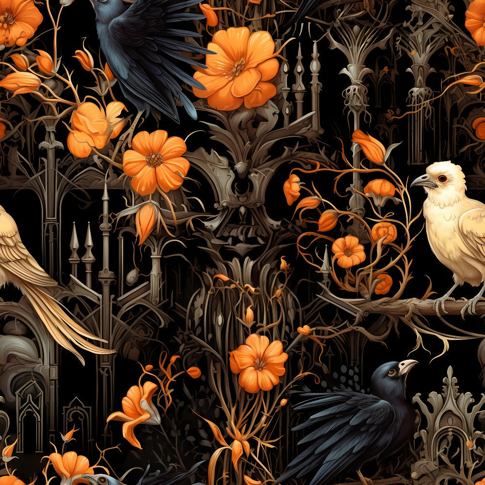 gothic halloween, orange flowers, black ravens, cream birds, ornate ironwork, victorian architecture, floral vines, dark background,, fabric panel, autumn colors, spooky birds, decorative metalwork, botanical elements, halloween theme, orange blossoms, corvids, gothic arches, seasonal fabric, cotton material