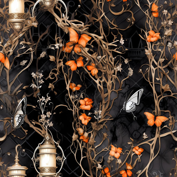 gothic halloween, orange butterflies, black background, bronze lanterns, twisted vines, dark floral, ornate scrollwork, spooky elegant, autumn orange, metallic bronze,, fabric panel, halloween decor, gothic botanical, candlelit atmosphere, intricate patterns, seasonal crafting, dark romance, vintage lanterns