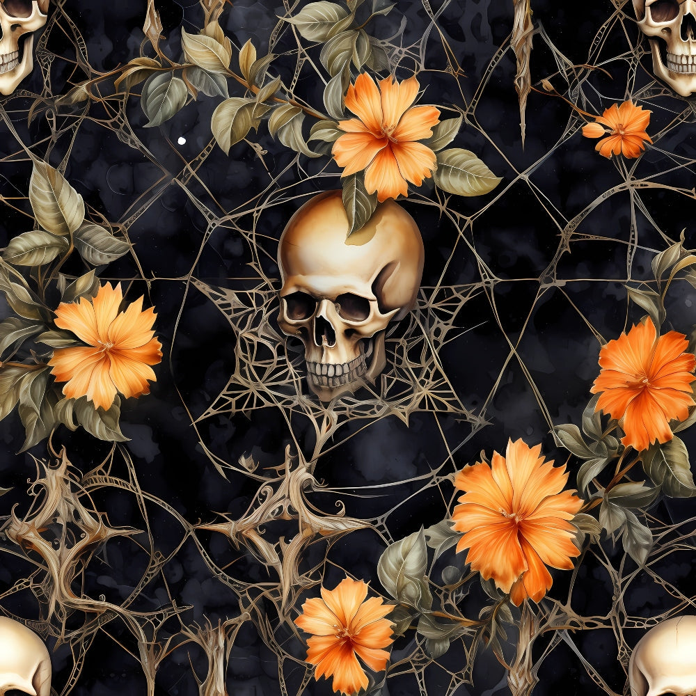 gothic, halloween, skulls, orange flowers, hibiscus, dark navy, black background, thorny vines, botanical, spooky, macabre, floral skulls, orange blooms, twisted branches, gothic art,, fabric panel, dark florals, halloween decor, creepy botanical