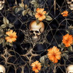gothic, halloween, skulls, orange flowers, hibiscus, dark navy, black background, thorny vines, botanical, spooky, macabre, floral skulls, orange blooms, twisted branches, gothic art,, fabric panel, dark florals, halloween decor, creepy botanical