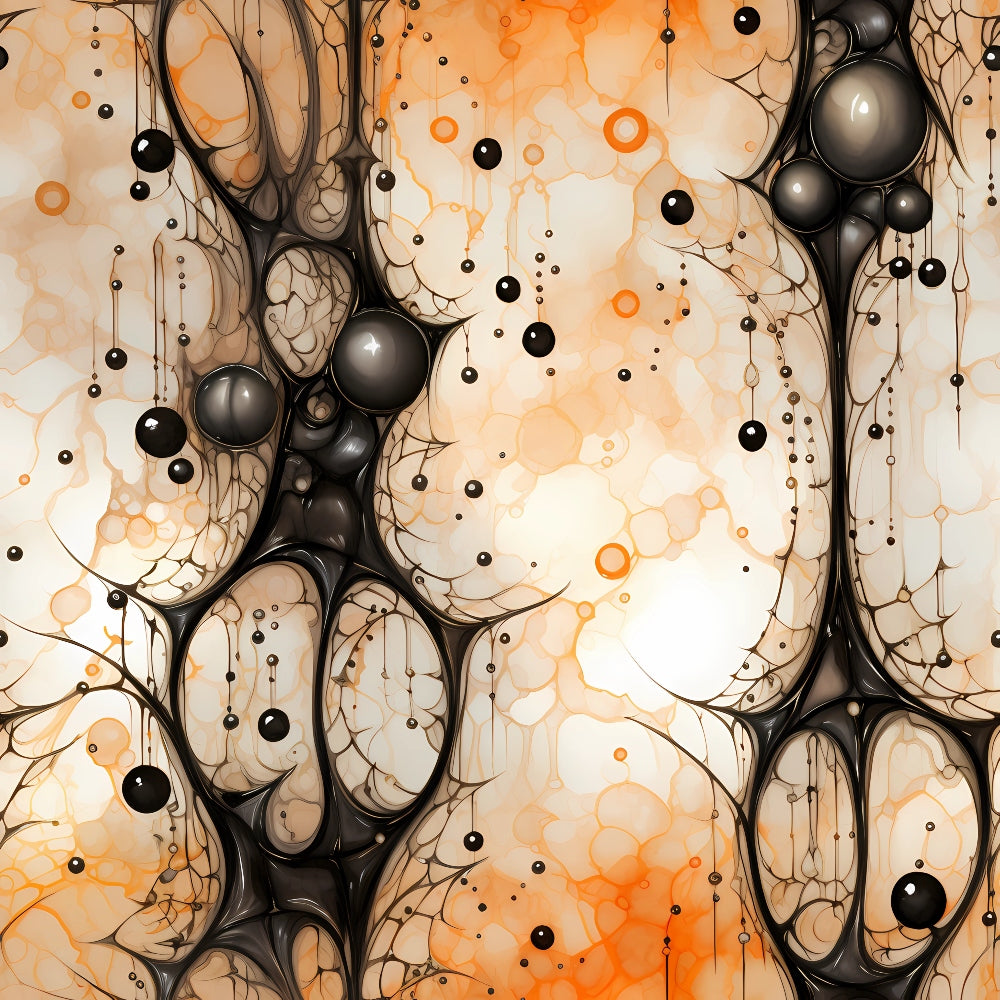 orange, black, cream, beige, abstract circles, organic shapes, bubble pattern, flowing lines, contemporary art, modern design,, fabric panel, halloween themed, gothic style, mysterious mood, geometric elements, fluid forms, autumn colors, artistic pattern, cotton fabric