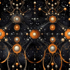 black background, orange accents, metallic bronze, cream spheres, geometric circles, ornate medallions, symmetrical pattern, steampunk style, mechanical elements, interconnected design,, fabric panel, halloween themed, gothic aesthetic, repeating motifs, celestial orbs, decorative framework, dark fantasy, seasonal fabric