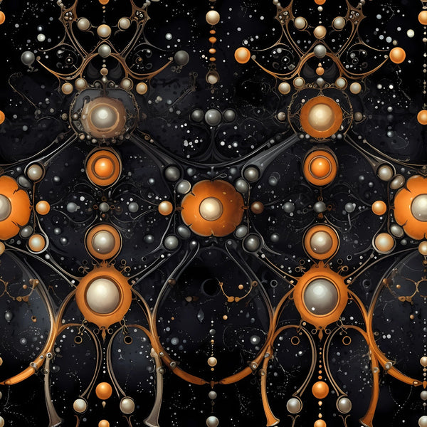 black background, orange accents, metallic bronze, cream spheres, geometric circles, ornate medallions, symmetrical pattern, steampunk style, mechanical elements, interconnected design,, fabric panel, halloween themed, gothic aesthetic, repeating motifs, celestial orbs, decorative framework, dark fantasy, seasonal fabric