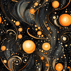 black background, orange circles, swirling patterns, cosmic design, celestial motifs, flowing ribbons, abstract swirls, starry night, halloween colors,, fabric panel, mystical atmosphere, curved lines, dotted details, space theme, whimsical spirals, gothic aesthetic, seasonal fabric