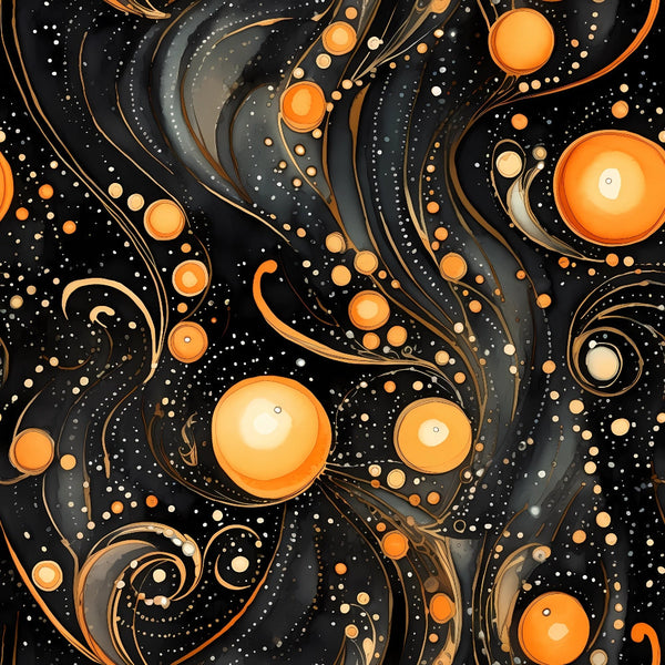 black background, orange circles, swirling patterns, cosmic design, celestial motifs, flowing ribbons, abstract swirls, starry night, halloween colors,, fabric panel, mystical atmosphere, curved lines, dotted details, space theme, whimsical spirals, gothic aesthetic, seasonal fabric