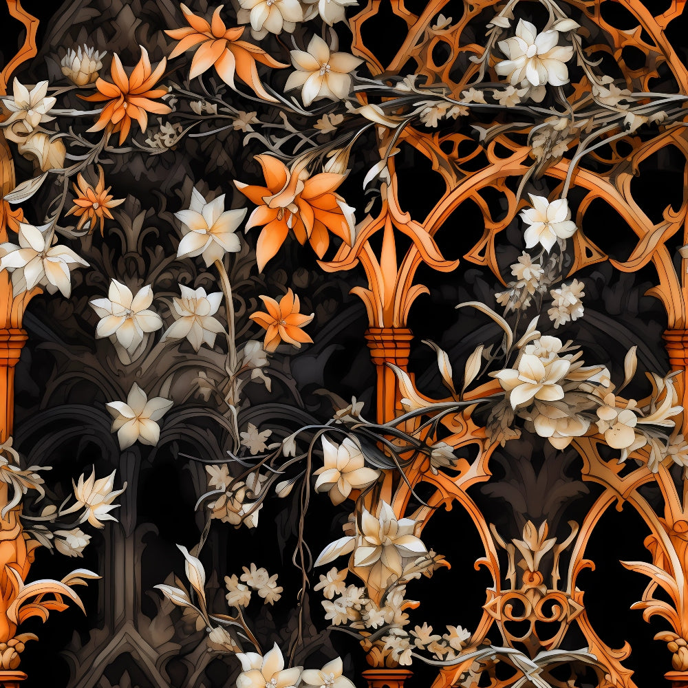 orange, black, cream, white, gothic floral, ornate scrollwork, decorative vines, lilies, botanical motifs, dark background, elegant flourishes, victorian style, halloween themed, autumn colors,, fabric panel, intricate pattern, dramatic contrast, ornamental design, luxurious aesthetic