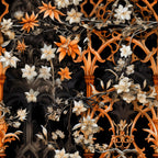 orange, black, cream, white, gothic floral, ornate scrollwork, decorative vines, lilies, botanical motifs, dark background, elegant flourishes, victorian style, halloween themed, autumn colors,, fabric panel, intricate pattern, dramatic contrast, ornamental design, luxurious aesthetic