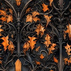 gothic architecture, ornate scrollwork, autumn leaves, orange foliage, black background, decorative ironwork, victorian style, halloween theme, intricate details, dark aesthetic, seasonal pattern,, fabric panel, spooky atmosphere, ornamental design, metallic accents, carved stonework, dramatic contrast, fall colors, decorative elements